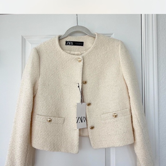 Zara Ivory Textured Blazer with Gold Buttons